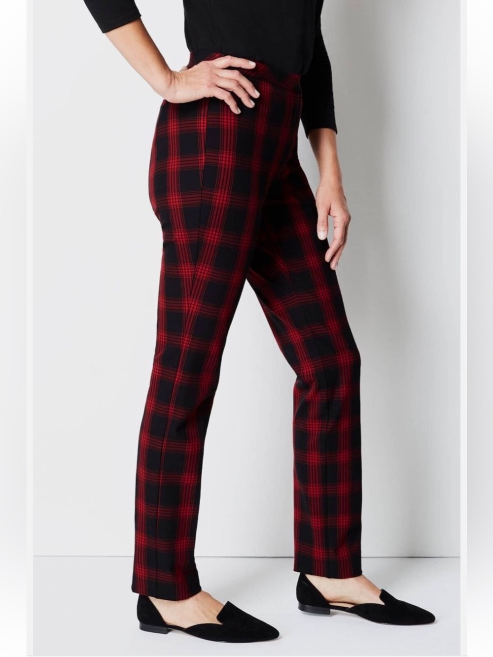 J.Jill Premium Bi-Stretch Red Black Plaid Pants Size 14 Tartan Holiday Academia